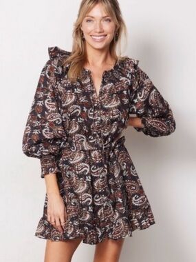 Cleobella Carolyn Ruffle Mini Dress Avolon Paisley Block Print Organic Cotton
